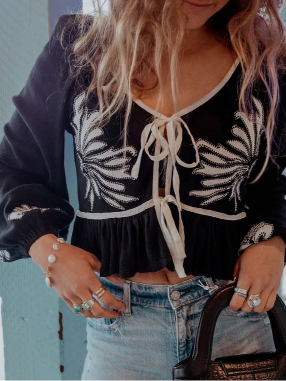 Free People womans boho Black Embroidered Tie-Front Peasant Top size M